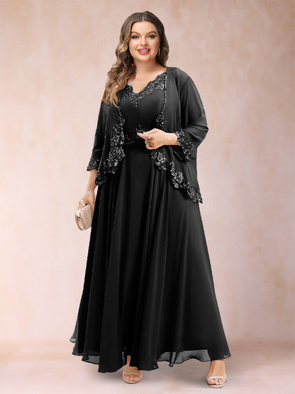 Robe de Mère de la Mariée Grande Taille Deux PiècesCoupe A-Line/Princess à Col En V et Manches 3/4 avec Appliques