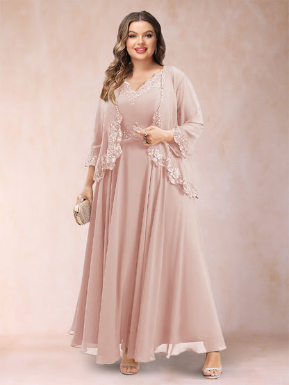 Robe de Mère de la Mariée Grande Taille Deux PiècesCoupe A-Line/Princess à Col En V et Manches 3/4 avec Appliques