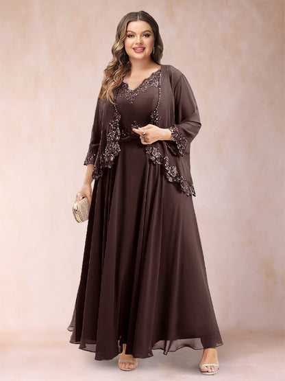 Robe de Mère de la Mariée Grande Taille Deux PiècesCoupe A-Line/Princess à Col En V et Manches 3/4 avec Appliques