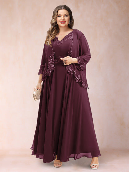 Robe de Mère de la Mariée Grande Taille Deux PiècesCoupe A-Line/Princess à Col En V et Manches 3/4 avec Appliques