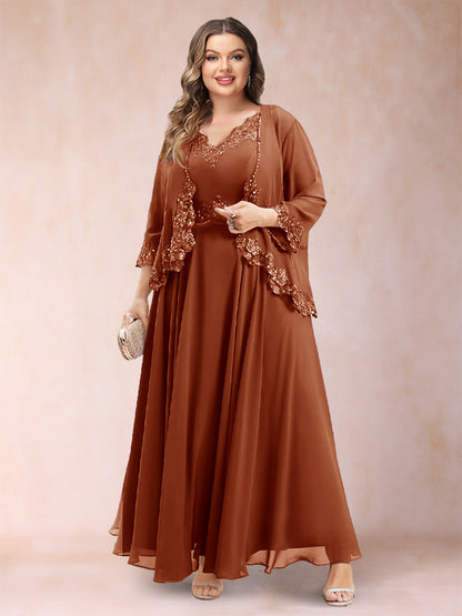 Robe de Mère de la Mariée Grande Taille Deux PiècesCoupe A-Line/Princess à Col En V et Manches 3/4 avec Appliques