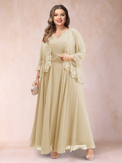 Robe de Mère de la Mariée Grande Taille Deux PiècesCoupe A-Line/Princess à Col En V et Manches 3/4 avec Appliques