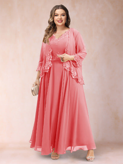 Robe de Mère de la Mariée Grande Taille Deux PiècesCoupe A-Line/Princess à Col En V et Manches 3/4 avec Appliques