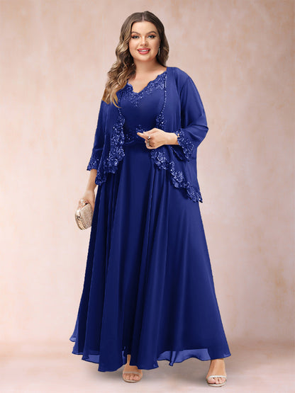 Robe de Mère de la Mariée Grande Taille Deux PiècesCoupe A-Line/Princess à Col En V et Manches 3/4 avec Appliques