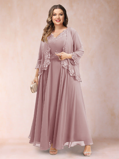 Robe de Mère de la Mariée Grande Taille Deux PiècesCoupe A-Line/Princess à Col En V et Manches 3/4 avec Appliques