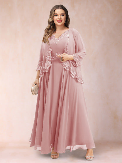 Robe de Mère de la Mariée Grande Taille Deux PiècesCoupe A-Line/Princess à Col En V et Manches 3/4 avec Appliques