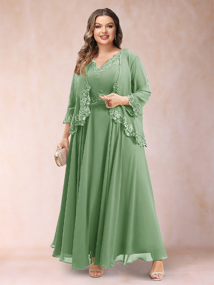 Robe de Mère de la Mariée Grande Taille Deux PiècesCoupe A-Line/Princess à Col En V et Manches 3/4 avec Appliques