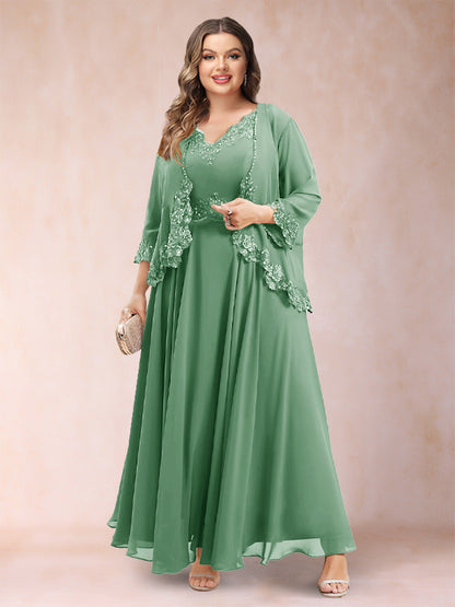 Robe de Mère de la Mariée Grande Taille Deux PiècesCoupe A-Line/Princess à Col En V et Manches 3/4 avec Appliques