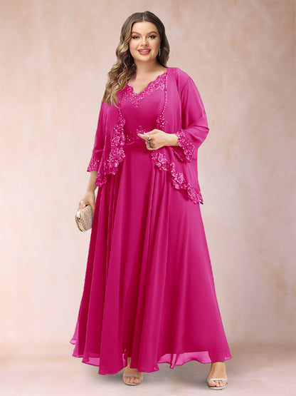 Robe de Mère de la Mariée Grande Taille Deux PiècesCoupe A-Line/Princess à Col En V et Manches 3/4 avec Appliques