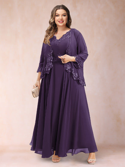 Robe de Mère de la Mariée Grande Taille Deux PiècesCoupe A-Line/Princess à Col En V et Manches 3/4 avec Appliques