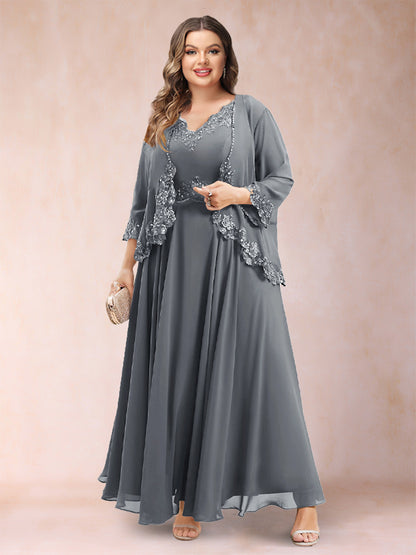 Robe de Mère de la Mariée Grande Taille Deux PiècesCoupe A-Line/Princess à Col En V et Manches 3/4 avec Appliques
