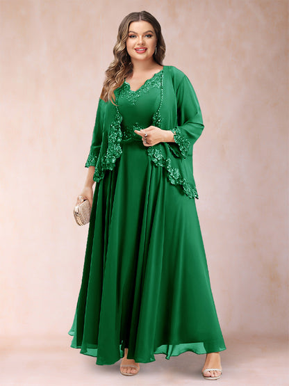 Robe de Mère de la Mariée Grande Taille Deux PiècesCoupe A-Line/Princess à Col En V et Manches 3/4 avec Appliques