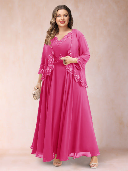 Robe de Mère de la Mariée Grande Taille Deux PiècesCoupe A-Line/Princess à Col En V et Manches 3/4 avec Appliques