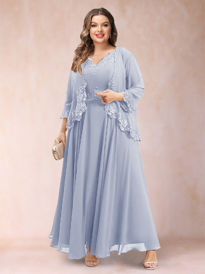 Robe de Mère de la Mariée Grande Taille Deux PiècesCoupe A-Line/Princess à Col En V et Manches 3/4 avec Appliques