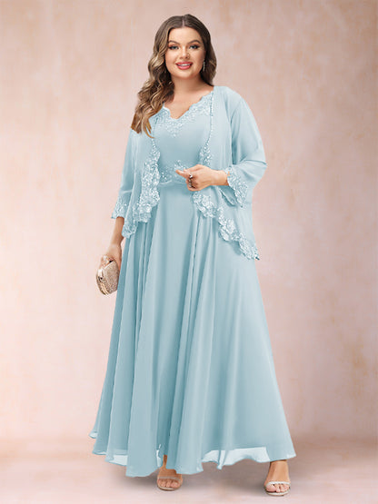 Robe de Mère de la Mariée Grande Taille Deux PiècesCoupe A-Line/Princess à Col En V et Manches 3/4 avec Appliques