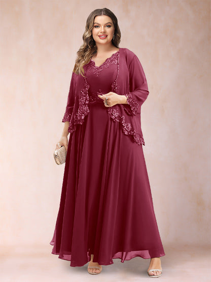 Robe de Mère de la Mariée Grande Taille Deux PiècesCoupe A-Line/Princess à Col En V et Manches 3/4 avec Appliques