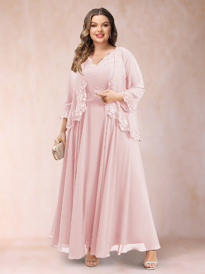 Robe de Mère de la Mariée Grande Taille Deux PiècesCoupe A-Line/Princess à Col En V et Manches 3/4 avec Appliques