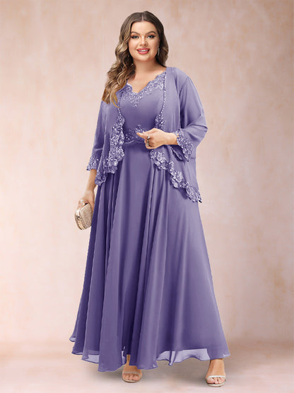 Robe de Mère de la Mariée Grande Taille Deux PiècesCoupe A-Line/Princess à Col En V et Manches 3/4 avec Appliques