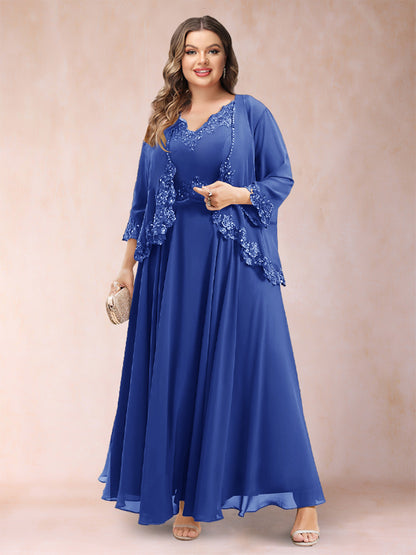 Robe de Mère de la Mariée Grande Taille Deux PiècesCoupe A-Line/Princess à Col En V et Manches 3/4 avec Appliques