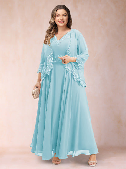 Robe de Mère de la Mariée Grande Taille Deux PiècesCoupe A-Line/Princess à Col En V et Manches 3/4 avec Appliques