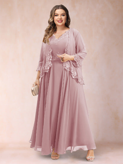 Robe de Mère de la Mariée Grande Taille Deux PiècesCoupe A-Line/Princess à Col En V et Manches 3/4 avec Appliques
