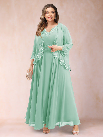Robe de Mère de la Mariée Grande Taille Deux PiècesCoupe A-Line/Princess à Col En V et Manches 3/4 avec Appliques
