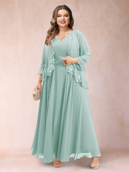 Robe de Mère de la Mariée Grande Taille Deux PiècesCoupe A-Line/Princess à Col En V et Manches 3/4 avec Appliques