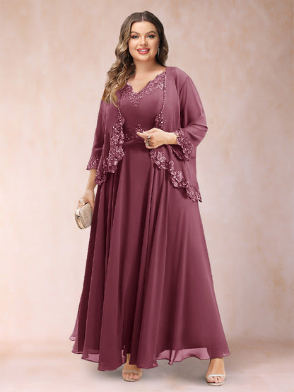 Robe de Mère de la Mariée Grande Taille Deux PiècesCoupe A-Line/Princess à Col En V et Manches 3/4 avec Appliques