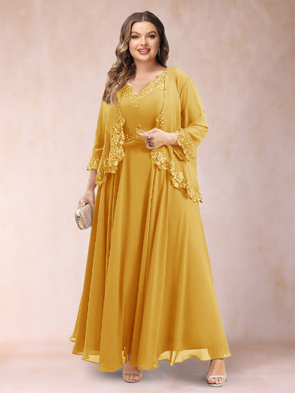 Robe de Mère de la Mariée Grande Taille Deux PiècesCoupe A-Line/Princess à Col En V et Manches 3/4 avec Appliques