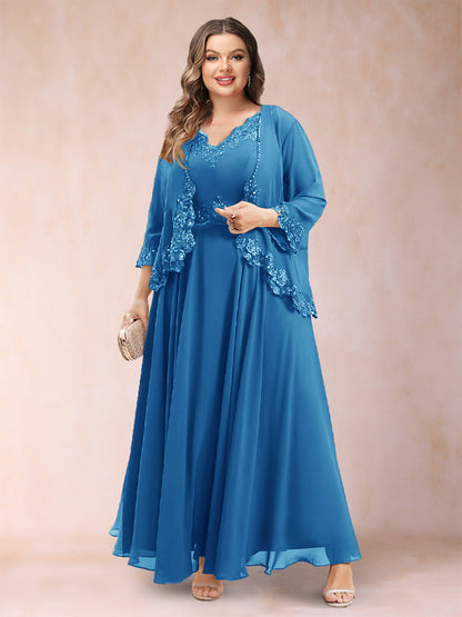 Robe de Mère de la Mariée Grande Taille Deux PiècesCoupe A-Line/Princess à Col En V et Manches 3/4 avec Appliques