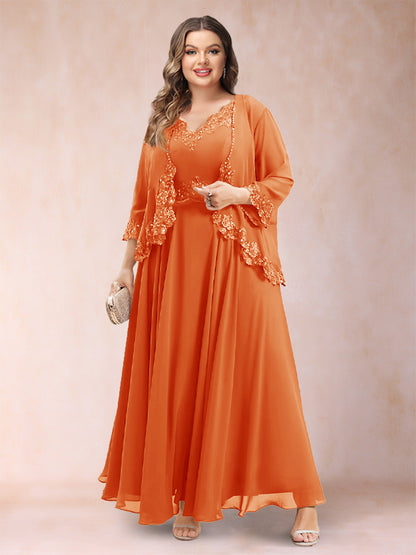 Robe de Mère de la Mariée Grande Taille Deux PiècesCoupe A-Line/Princess à Col En V et Manches 3/4 avec Appliques
