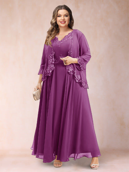 Robe de Mère de la Mariée Grande Taille Deux PiècesCoupe A-Line/Princess à Col En V et Manches 3/4 avec Appliques