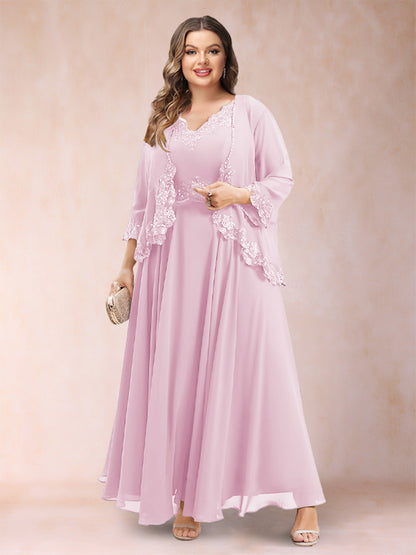Robe de Mère de la Mariée Grande Taille Deux PiècesCoupe A-Line/Princess à Col En V et Manches 3/4 avec Appliques