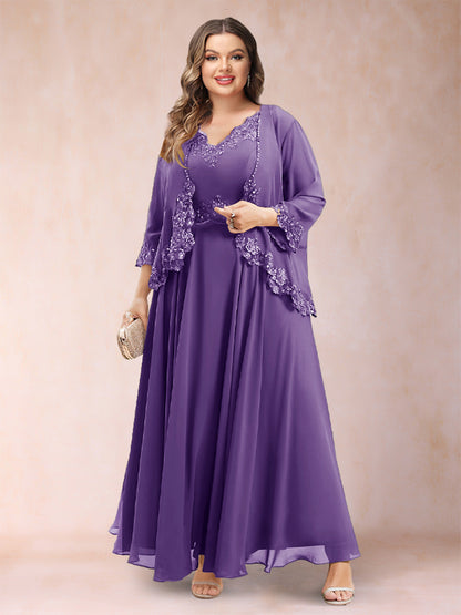 Robe de Mère de la Mariée Grande Taille Deux PiècesCoupe A-Line/Princess à Col En V et Manches 3/4 avec Appliques
