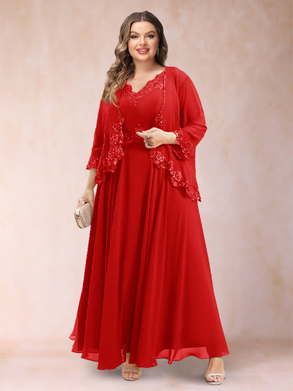 Robe de Mère de la Mariée Grande Taille Deux PiècesCoupe A-Line/Princess à Col En V et Manches 3/4 avec Appliques