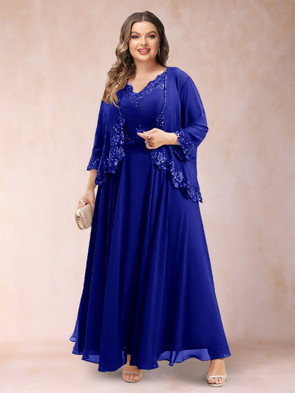 Robe de Mère de la Mariée Grande Taille Deux PiècesCoupe A-Line/Princess à Col En V et Manches 3/4 avec Appliques