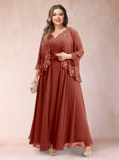 Robe de Mère de la Mariée Grande Taille Deux PiècesCoupe A-Line/Princess à Col En V et Manches 3/4 avec Appliques
