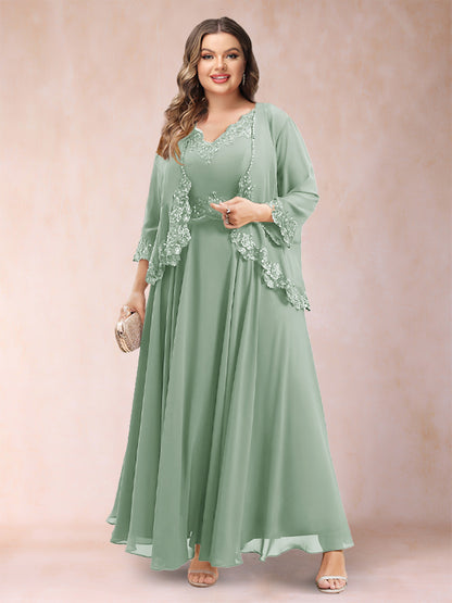 Robe de Mère de la Mariée Grande Taille Deux PiècesCoupe A-Line/Princess à Col En V et Manches 3/4 avec Appliques