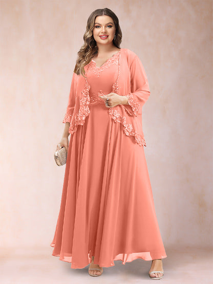 Robe de Mère de la Mariée Grande Taille Deux PiècesCoupe A-Line/Princess à Col En V et Manches 3/4 avec Appliques