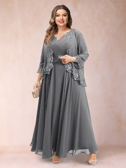 Robe de Mère de la Mariée Grande Taille Deux PiècesCoupe A-Line/Princess à Col En V et Manches 3/4 avec Appliques