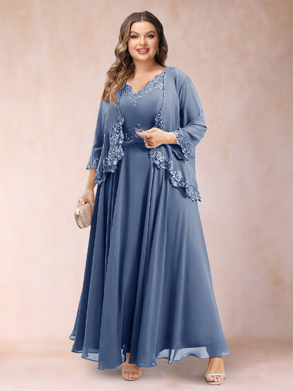 Robe de Mère de la Mariée Grande Taille Deux PiècesCoupe A-Line/Princess à Col En V et Manches 3/4 avec Appliques