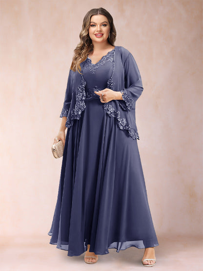 Robe de Mère de la Mariée Grande Taille Deux PiècesCoupe A-Line/Princess à Col En V et Manches 3/4 avec Appliques