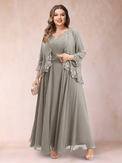 Robe de Mère de la Mariée Grande Taille Deux PiècesCoupe A-Line/Princess à Col En V et Manches 3/4 avec Appliques