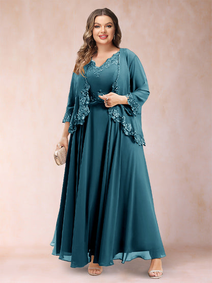 Robe de Mère de la Mariée Grande Taille Deux PiècesCoupe A-Line/Princess à Col En V et Manches 3/4 avec Appliques