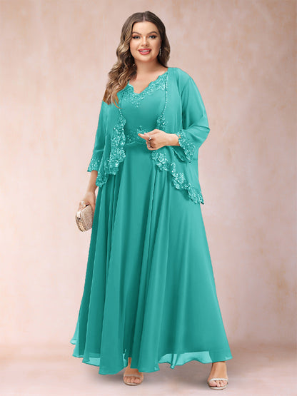 Robe de Mère de la Mariée Grande Taille Deux PiècesCoupe A-Line/Princess à Col En V et Manches 3/4 avec Appliques