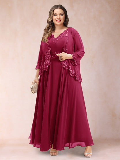 Robe de Mère de la Mariée Grande Taille Deux PiècesCoupe A-Line/Princess à Col En V et Manches 3/4 avec Appliques