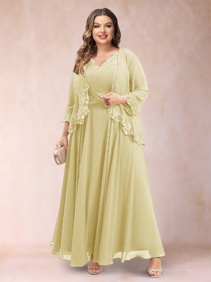 Robe de Mère de la Mariée Grande Taille Deux PiècesCoupe A-Line/Princess à Col En V et Manches 3/4 avec Appliques