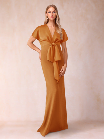 Robe de Mère de la Mariée Fourreau/Colonne à Col En V et Manches Courtes avec Nœud Papillon