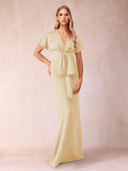 Robe de Mère de la Mariée Fourreau/Colonne à Col En V et Manches Courtes avec Nœud Papillon