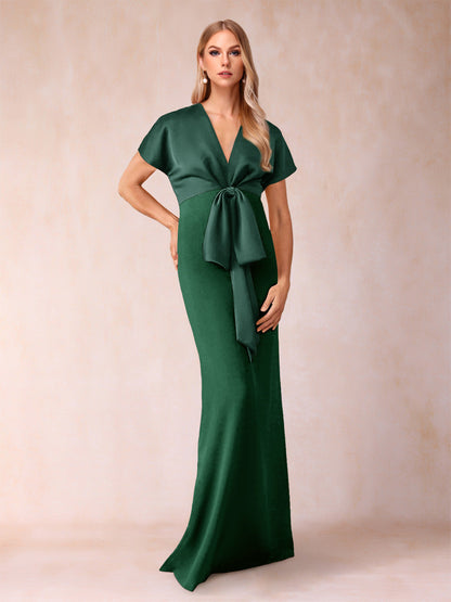 Robe de Mère de la Mariée Fourreau/Colonne à Col En V et Manches Courtes avec Nœud Papillon